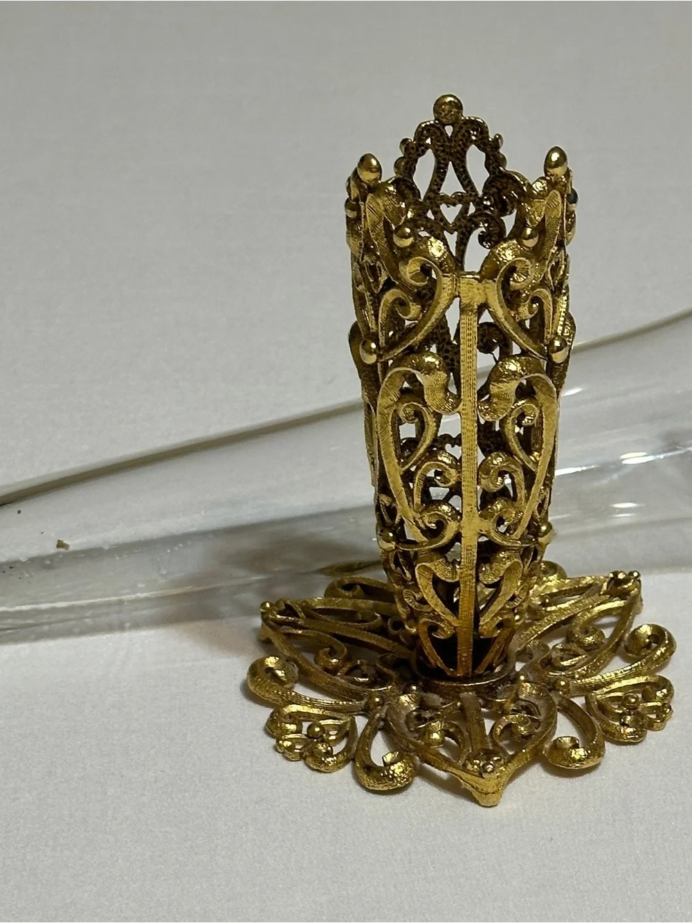 Ornate Gold Filigree Clear Glass Bud Vase